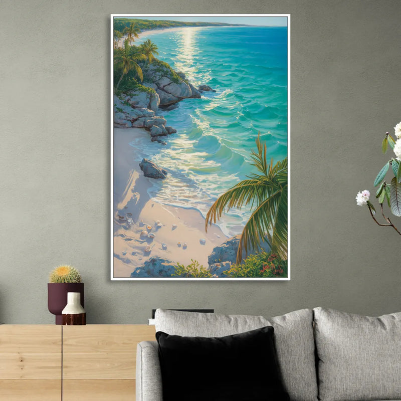 Tulum Beach Turquoise Living Room - White Canvas Wall Art