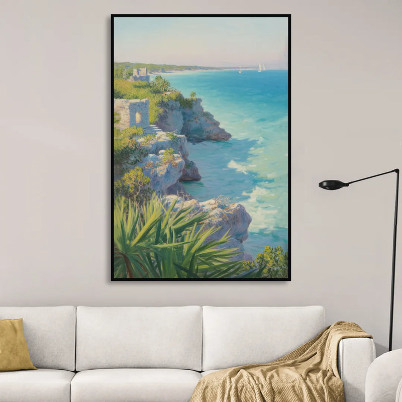 Tulum Cliff Ruins Sitting Room - Black Canvas Wall Art
