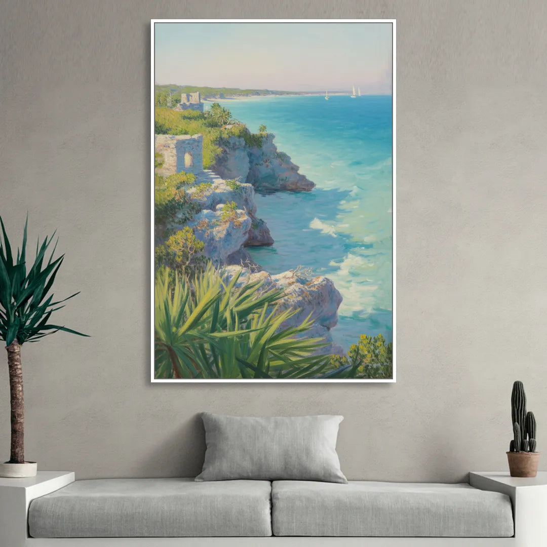 Tulum Cliff Ruins Sitting Room - White Canvas Wall Art