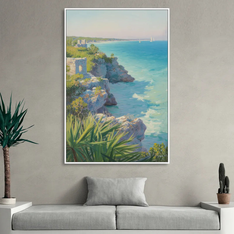 Tulum Cliff Ruins Sitting Room - White Canvas Wall Art
