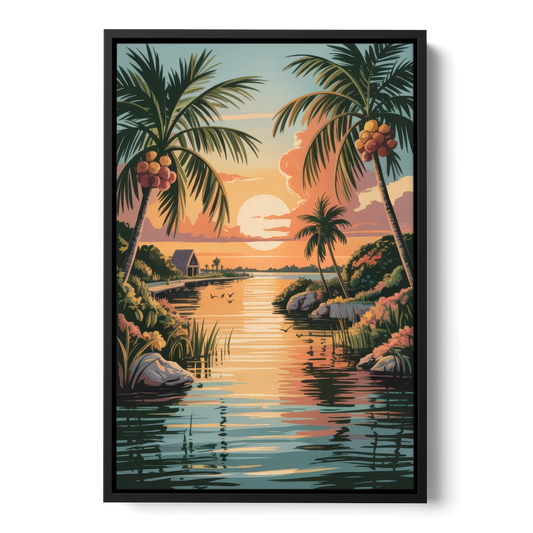 Tulum Lagoon Sunset - Black Framed Canvas Wall Art - Front