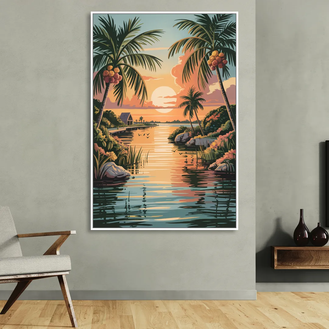 Tulum Lagoon Sunset Sitting Room - White Canvas Wall Art