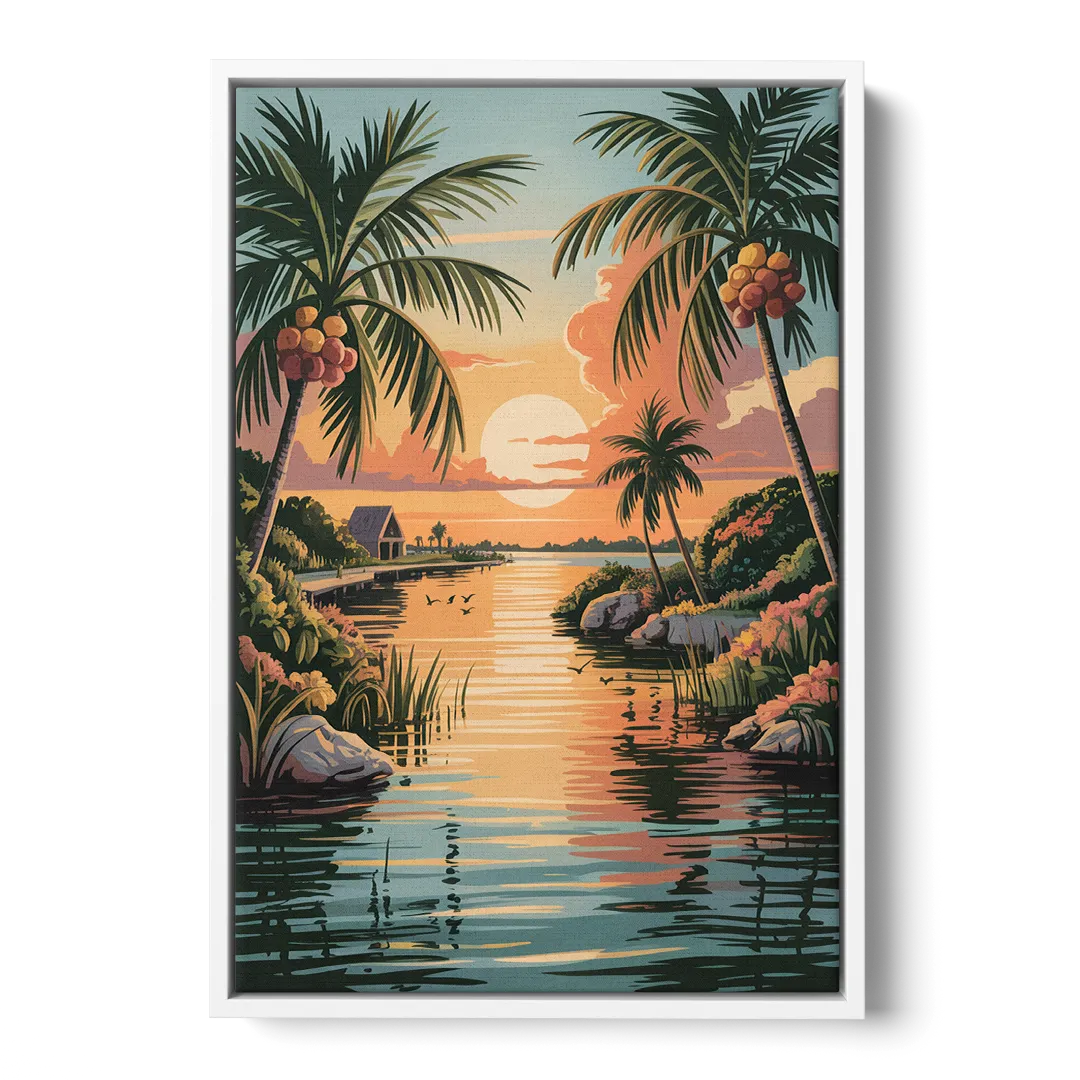 Tulum Lagoon Sunset Front - White Canvas Wall Art