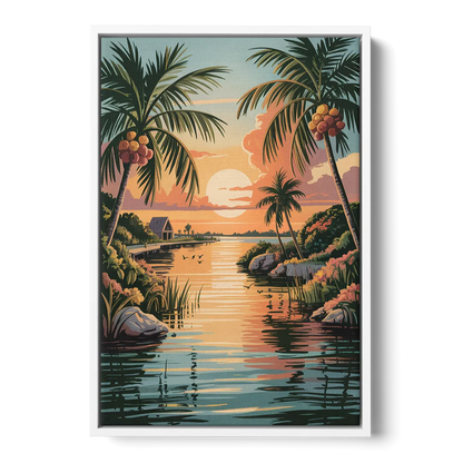 Tulum Lagoon Sunset Front - White Canvas Wall Art