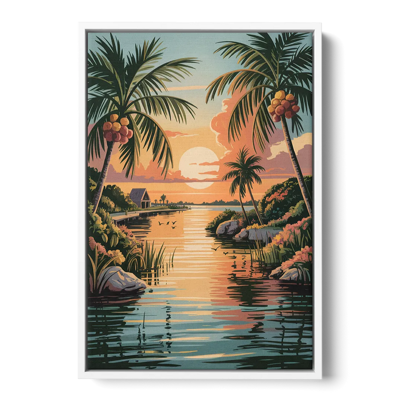Tulum Lagoon Sunset Front - White Canvas Wall Art