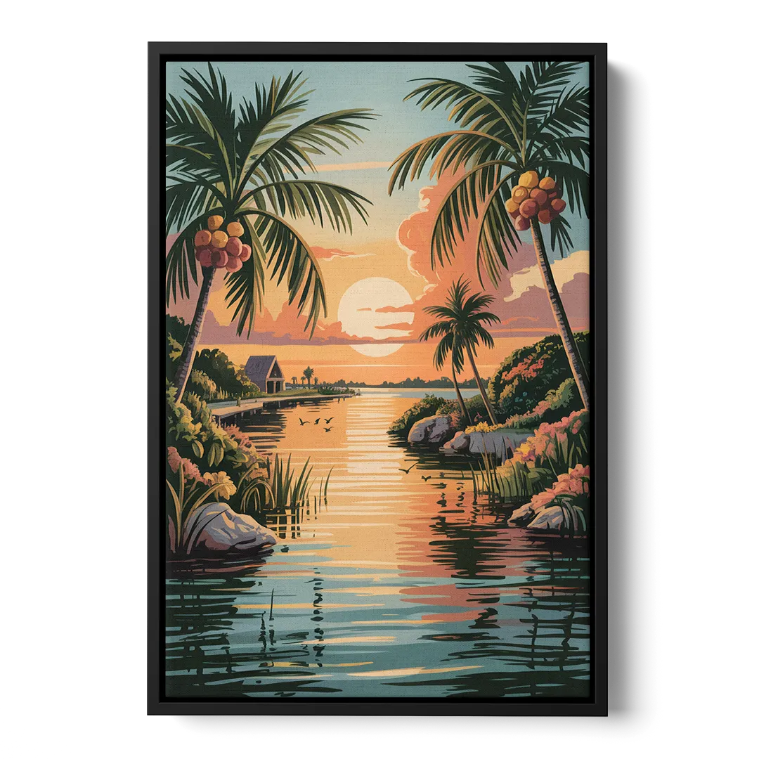 Tulum Lagoon Sunset Front - Black Canvas Wall Art