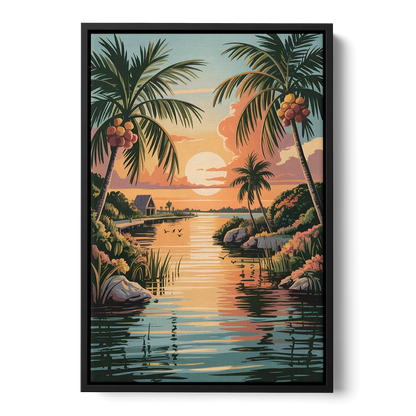 Tulum Lagoon Sunset Front - Black Canvas Wall Art