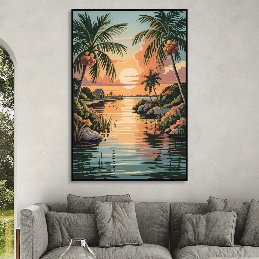 Tulum Lagoon Sunset Living Room - Black Canvas Wall Art