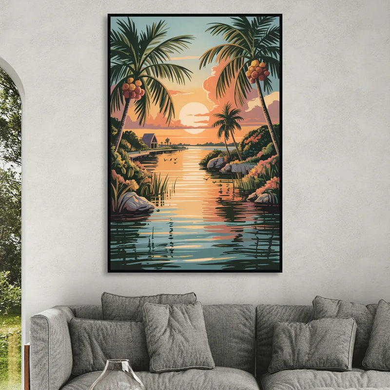 Tulum Lagoon Sunset Living Room - Black Canvas Wall Art