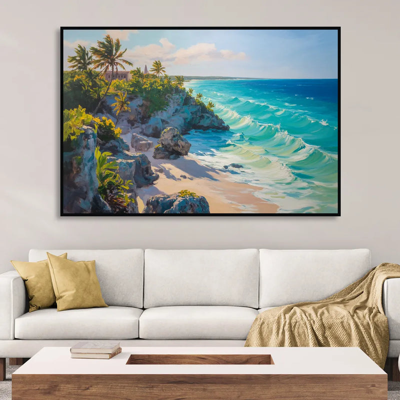 Tulum Ocean Cliffs Living Room - Black Canvas Wall Art