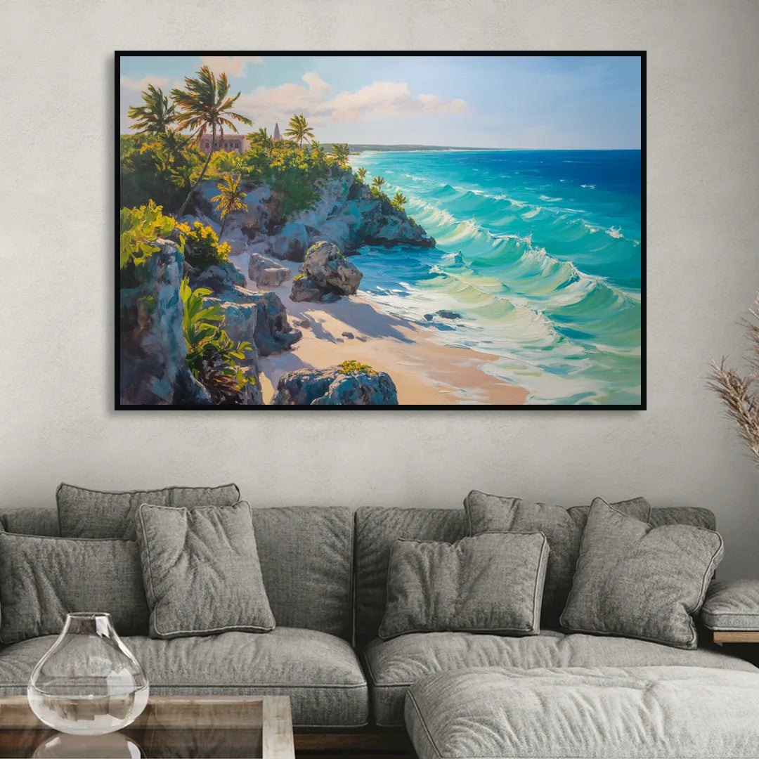 Tulum Ocean Cliffs Sitting Room - Black Canvas Wall Art