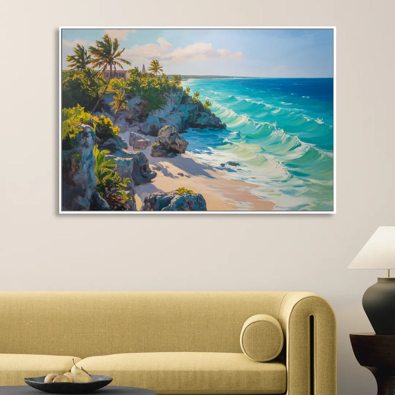 Tulum Ocean Cliffs Sitting Room - White Canvas Wall Art
