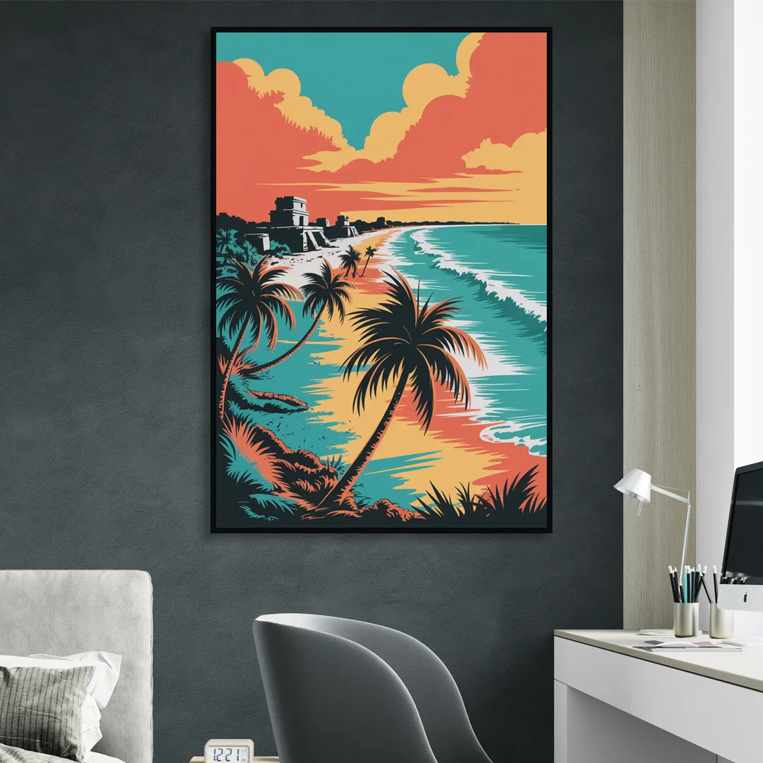 Tulum Palm Shadows Living Room - Black Canvas Wall Art