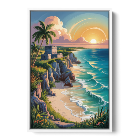 Tulum Sunrise Coast - White Framed Canvas Wall Art - Front