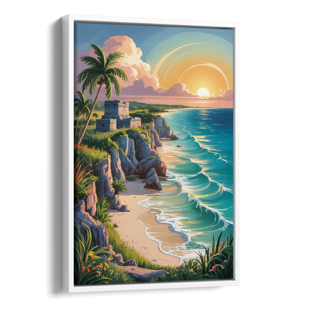 Tulum Sunrise Coast Side - White Canvas Wall Art