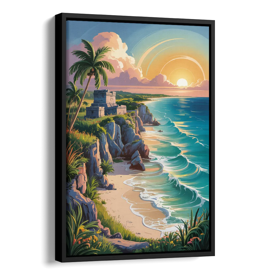 Tulum Sunrise Coast Side - Black Canvas Wall Art