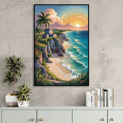 Tulum Sunrise Coast Living Room - Black Canvas Wall Art