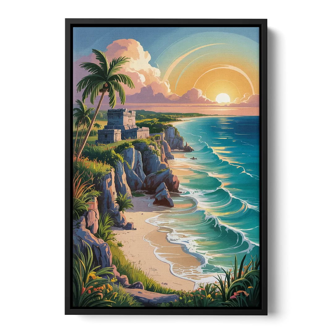 Tulum Sunrise Coast Front - Black Canvas Wall Art