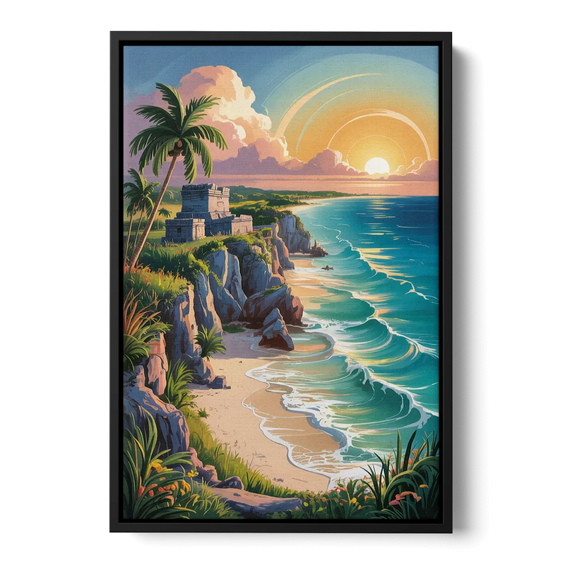 Tulum Sunrise Coast Front - Black Canvas Wall Art