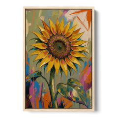 Turning Sunflower in Mustard Yellow for the Living Room - Oak Framed Canvas Wall Art - Front