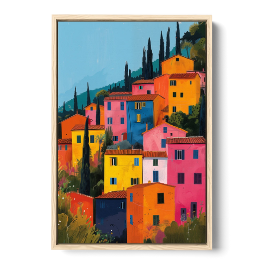 Tuscan Art of Colorful Hill Houses - Oak Framed Canvas Wall Art - Front