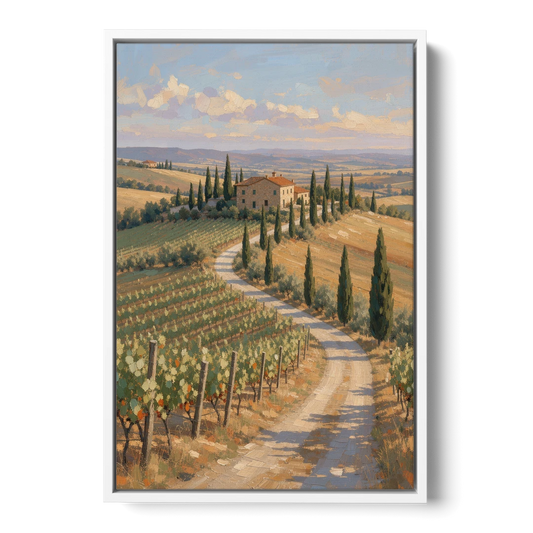 Tuscan Cypress Road to the Farmhouse - White Framed Canvas Wall Art - Front