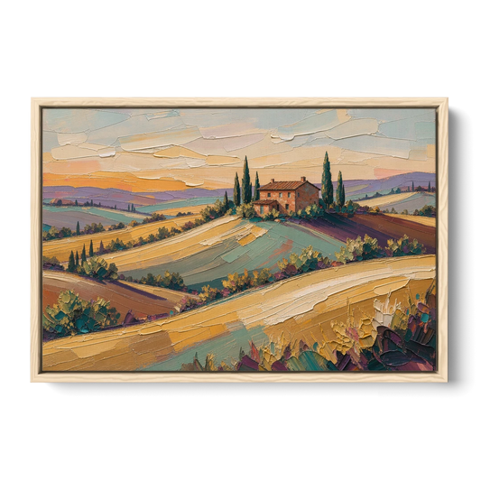 Tuscan Landscape Painting of Farmhouse Crest - Oak Framed Canvas Wall Art - Front