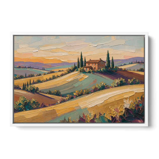 Tuscan Landscape Painting of Farmhouse Crest - White Framed Canvas Wall Art - Front
