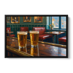 Two Amber Pints at the Brass Rail for the Pub - Black Framed Canvas Wall Art - Front
