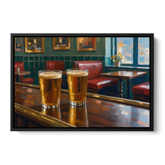 Two Amber Pints at the Brass Rail for the Pub - Black Framed Canvas Wall Art - Front