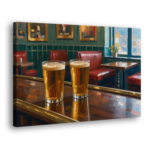 Two Amber Pints at the Brass Rail for the Pub - Canvas Wall Art - Side