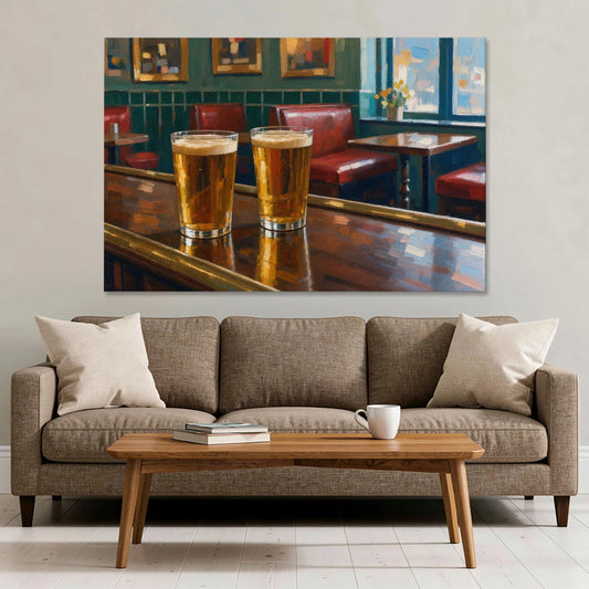 Two Amber Pints at the Brass Rail for the Pub - Canvas Wall Art - Sofa - 60x40