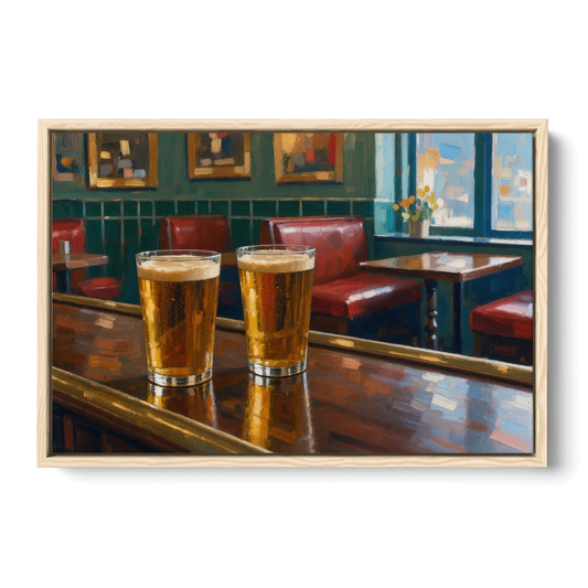 Two Amber Pints at the Brass Rail for the Pub - Oak Framed Canvas Wall Art - Front
