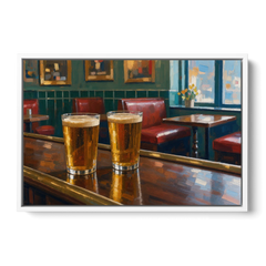 Two Amber Pints at the Brass Rail for the Pub - White Framed Canvas Wall Art - Front