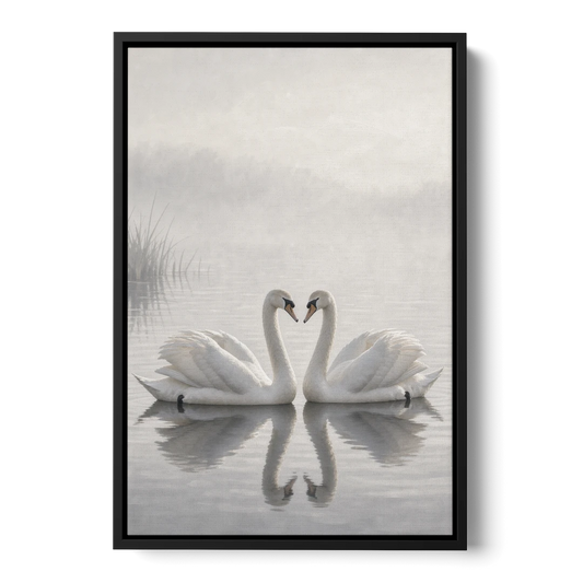 Two Black and White Swans Made for Each Other - Black Framed Canvas Wall Art - Front
