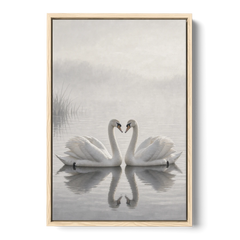 Two Black and White Swans Made for Each Other - Oak Framed Canvas Wall Art - Front