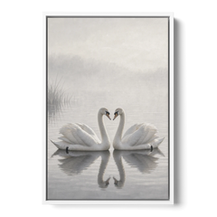 Two Black and White Swans Made for Each Other - White Framed Canvas Wall Art - Front