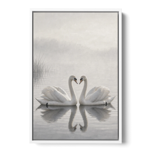 Two Black and White Swans Made for Each Other - White Framed Canvas Wall Art - Front