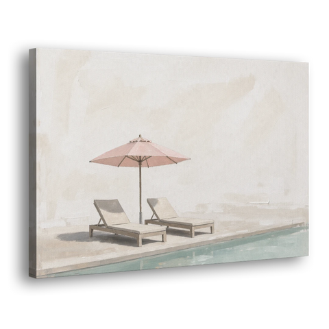 Two Chaise Longues Under a Pink Umbrella - Canvas Wall Art - Side