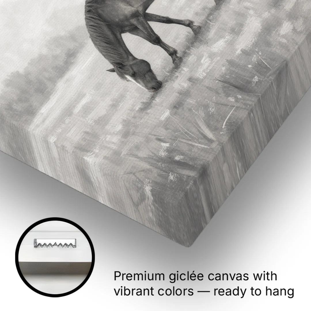 Two Horses Grazing in Misty Pasture in Black and White - Canvas Wall Art - Gallery Wrap Corner