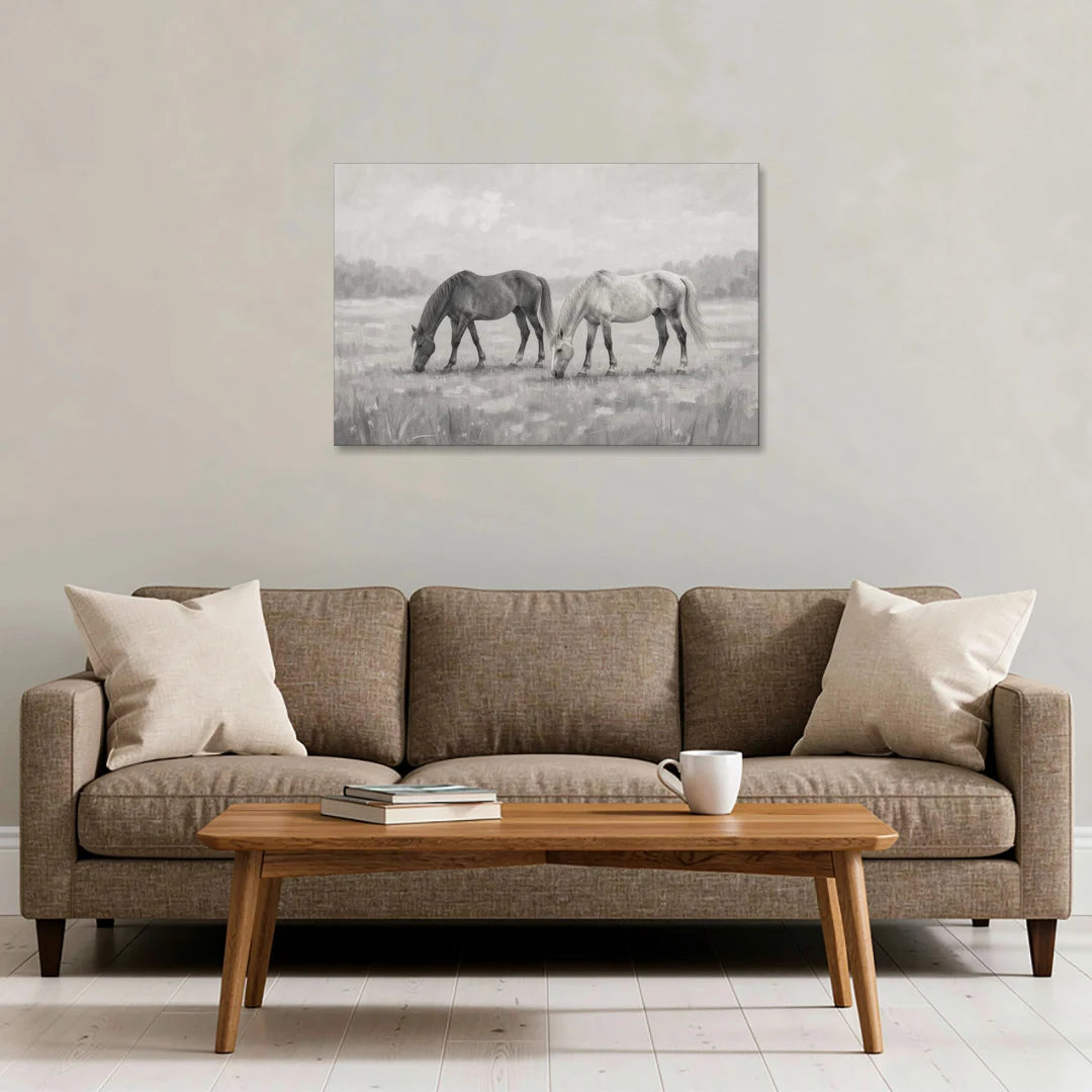 Two Horses Grazing in Misty Pasture in Black and White - Canvas Wall Art - Sofa - 36x24