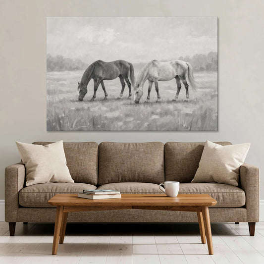 Two Horses Grazing in Misty Pasture in Black and White - Canvas Wall Art - Sofa - 60x40
