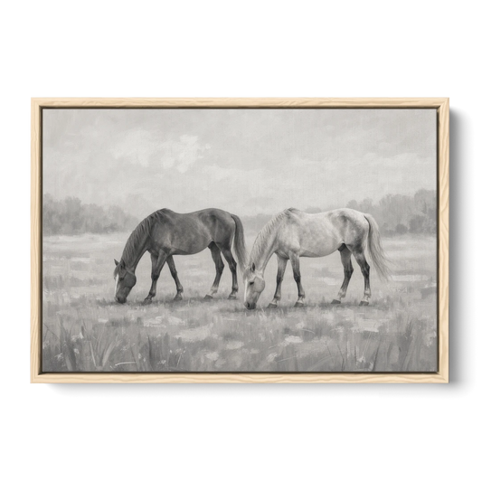 Two Horses Grazing in Misty Pasture in Black and White - Oak Framed Canvas Wall Art - Front