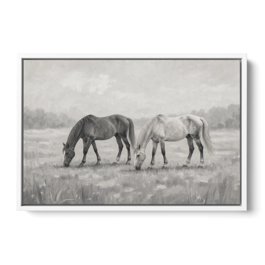 Two Horses Grazing in Misty Pasture in Black and White - White Framed Canvas Wall Art - Front