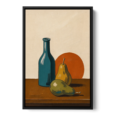Two Pears Beside a Teal Glass Bottle - Black Framed Canvas Wall Art - Front