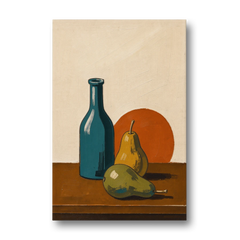 Two Pears Beside a Teal Glass Bottle - Canvas Wall Art - Front