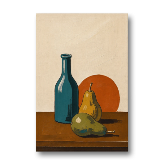 Two Pears Beside a Teal Glass Bottle - Canvas Wall Art - Front