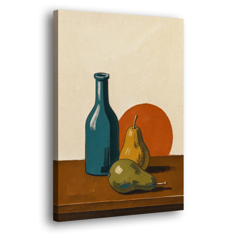 Two Pears Beside a Teal Glass Bottle - Canvas Wall Art - Side