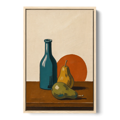 Two Pears Beside a Teal Glass Bottle - Oak Framed Canvas Wall Art - Front