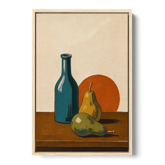 Two Pears Beside a Teal Glass Bottle - Oak Framed Canvas Wall Art - Front
